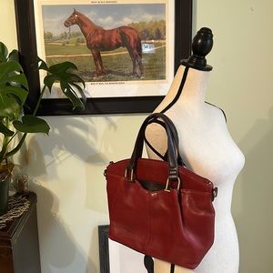Tignanello Classic Equestrian Leather Purse Satchel in Dusky Red & Dark Brown.